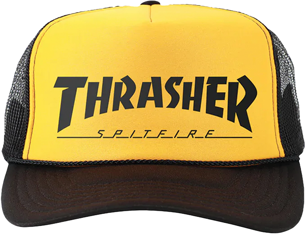THRASHER SPITFIRE MAG LOGO TRUCKER HAT ADJ-GOLD/BK