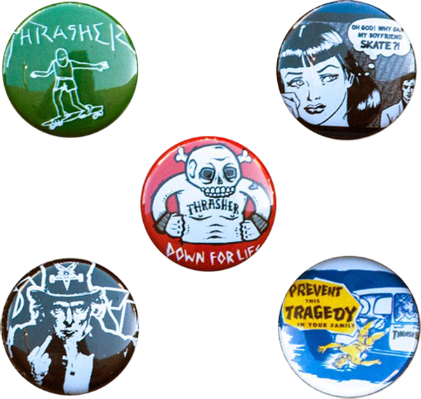 THRASHER USUAL SUSPECTS BUTTON PINS 5 PACK